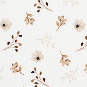 GOTS Katoenjersey Digitale print van aquarelbloemen en takken – wit/lichtbruin, 