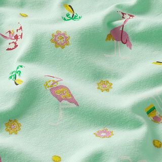 Katoenjersey Glitter flamingo's – licht turkoois/goud, 