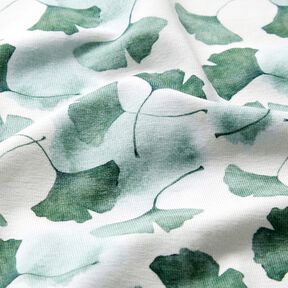 GOTS Katoenjersey Digitale print ginko – wit/eucalyptus, 