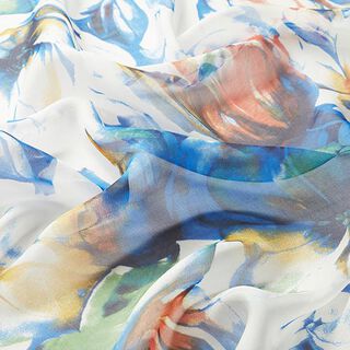 Zijdechiffon expressieve bloemen – wit/blauw, 