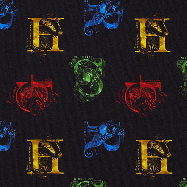 Katoenjersey Licentiestof Harry Potter, initialen en heraldische dieren | Warner Bros. – zwart,  image number 1