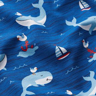 Katoenjersey Walvissen, schepen en meeuwen – blauw, 