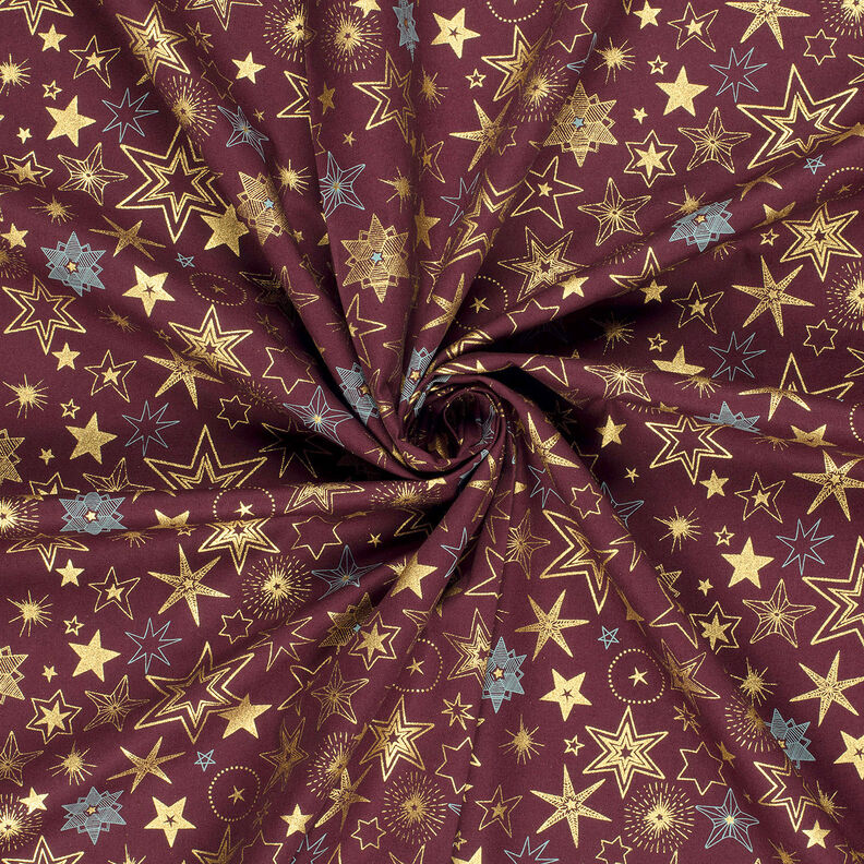Katoenen stof Popeline Grote sterren – merlot/goud, image number 3