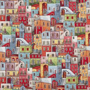 Decostof Gobelin kleurrijk stadje – karmijnrood/blauw, 