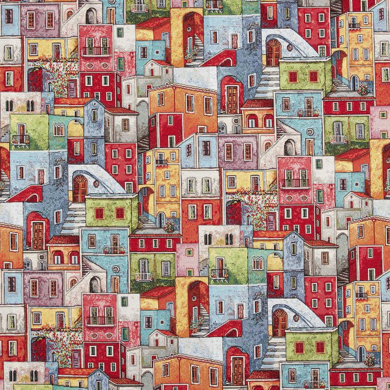 Decostof Gobelin kleurrijk stadje – karmijnrood/blauw,  image number 1