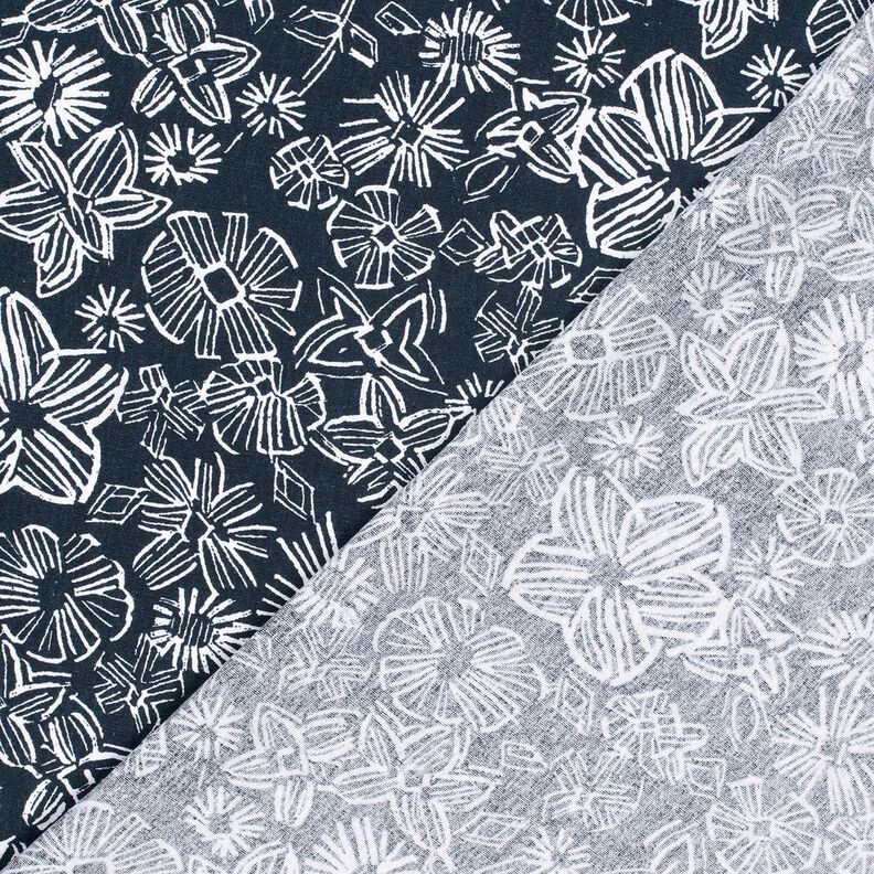Viscose-linnen-mix getekende bloemen – nachtblauw/wit,  image number 4