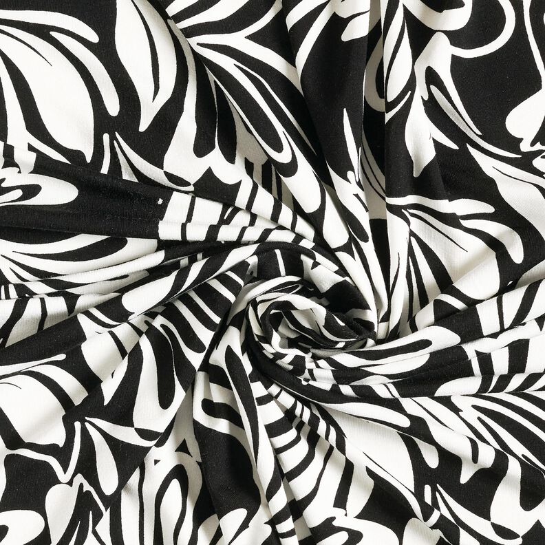 Viscosejersey Abstracte bloemen – zwart/ivoor, image number 3