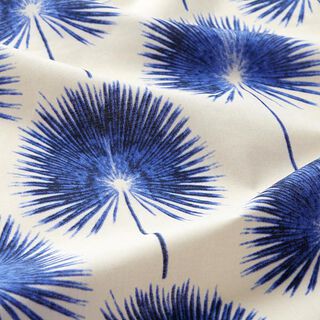Katoen voile grote palmbladeren – ecru/blauw, 