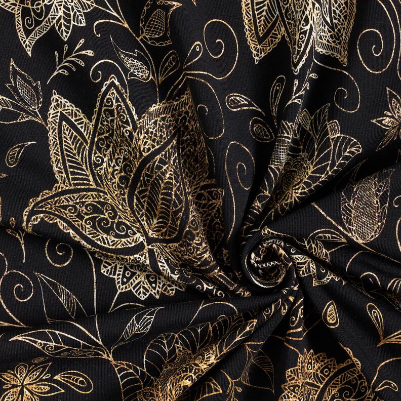 Katoenjersey gouden mandala bloemen | Glitzerpüppi – zwart/goud,  image number 3