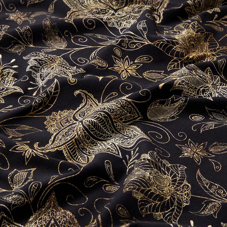 Katoenjersey gouden mandala bloemen | Glitzerpüppi – zwart/goud,  image number 2
