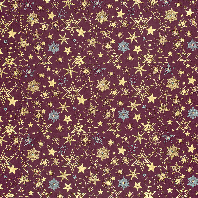 Katoenen stof Popeline Grote sterren – merlot/goud, image number 6