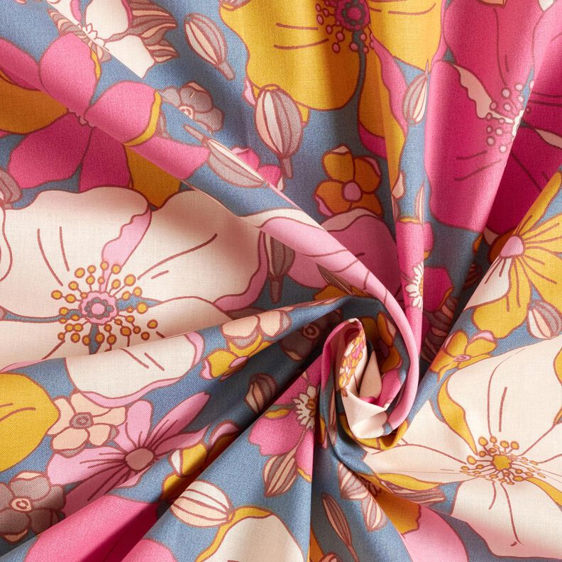 Katoenen stof Cretonne grote bloemenpracht – blauwgrijs/pink,  image number 3