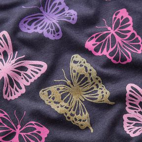 Katoenjersey Glittervlinders – zwart blauw, 