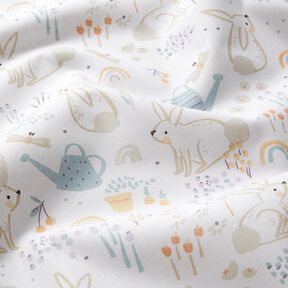 Katoenpopeline konijntjes op de weide – wit/amandel, 
