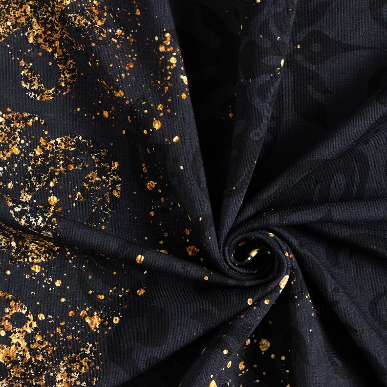 French Terry sommersweat Stof voor rand gouden ornamenten | Glitzerpüppi – zwart/oud goud,  image number 3