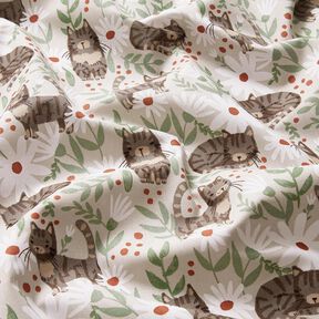 Katoenen stof Cretonne Katten in de bloemenweide – zilvergrijs, 
