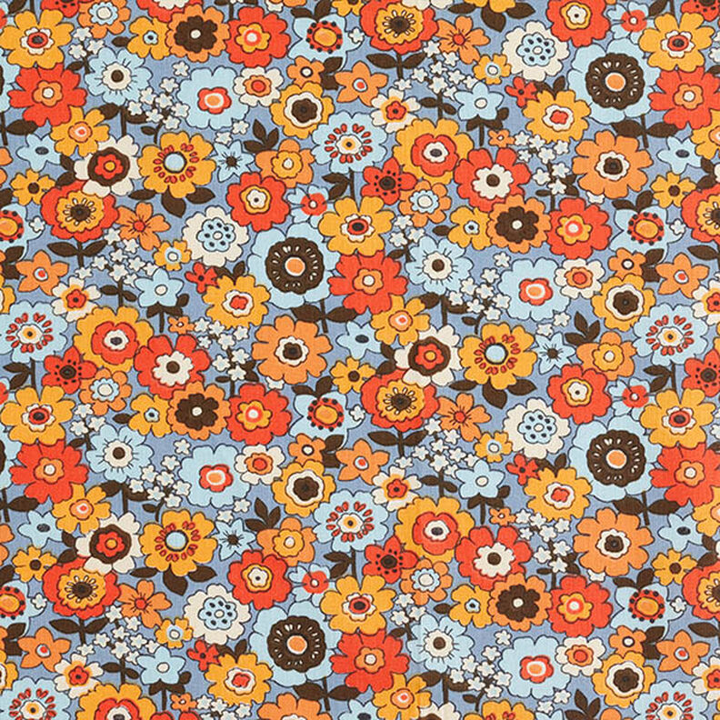 Katoenen stof Cretonne kleurrijke bloemen – licht jeansblauw/oranje,  image number 1