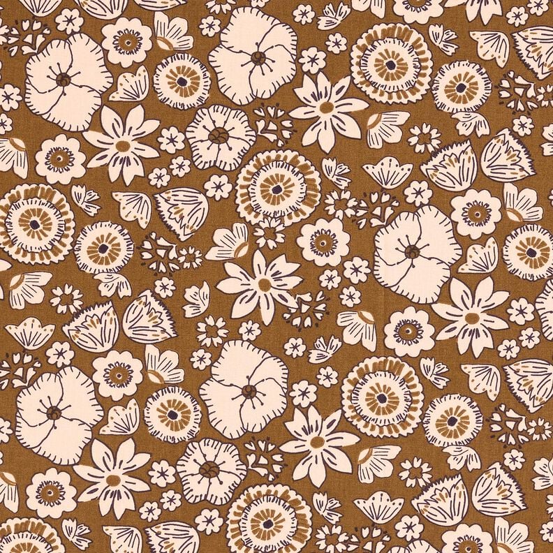 Katoenen stof Cretonne Retrobloemen – olijf/roos, image number 1
