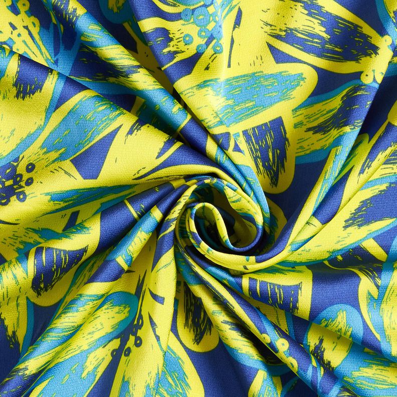 Crêpe Satijn grote kamillebloemen – indigo/citroengeel,  image number 3