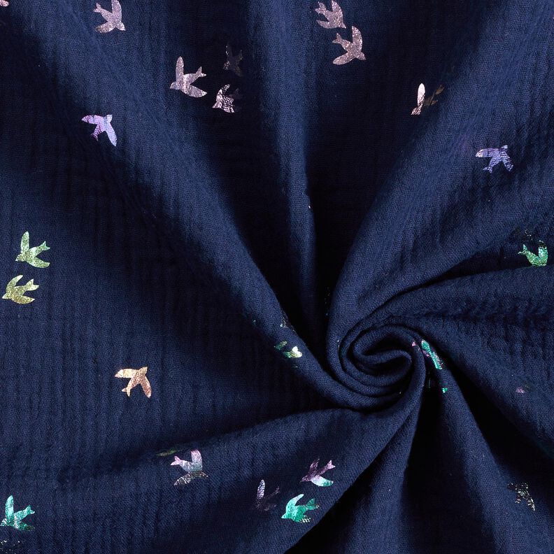 Mousseline/dubbel gehaakte stoffen Zwaluwen Foliedruk | Poppy Fabrics – nachtblauw/kleurenmix,  image number 3