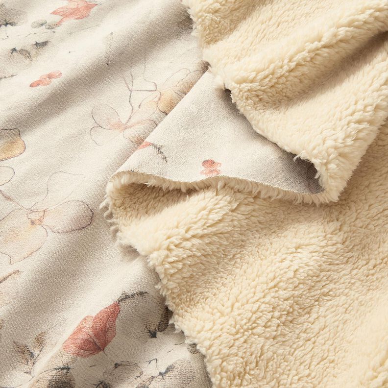 Stretchvelours met Sherpa-achterkant en delicate bloemen | Katia Fabrics – natuur,  image number 2