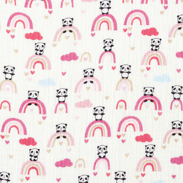 Mousseline/dubbel gehaakte stoffen Panda's op regenbogen – wit/roze,  image number 1