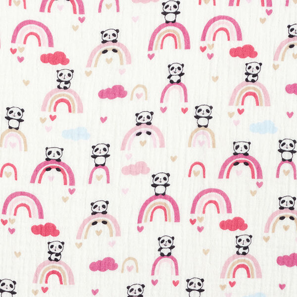 Mousseline/dubbel gehaakte stoffen Panda's op regenbogen – wit/roze, image number 1