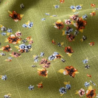 Stretchstof viscose losse bloemen – geel olijfgroen, 