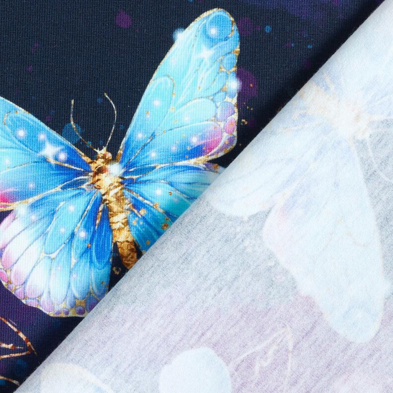 Katoenjersey Glinsterende vlinders en bloemen | Glitzerpüppi  – nachtblauw/ijsblauw | Stofrestant 80cm,  image number 4