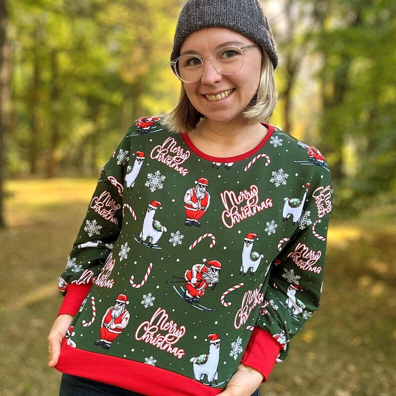 French Terry sommersweat Kerstman en lama | Glitzerpüppi – dennengroen/chili,  image number 5