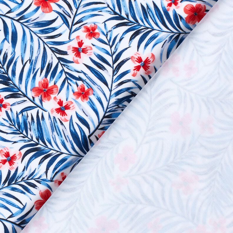 Badpakstof Bloemen en palmbladeren – wit/indigo,  image number 4