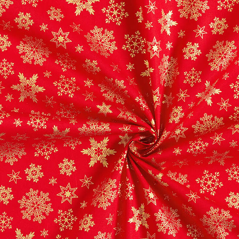 Katoenen stof Popeline Sneeuwkristal – rood/goud, image number 3