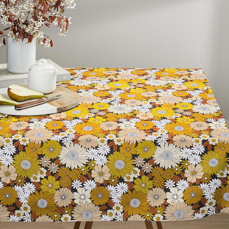 Katoenen stof Cretonne grote retrobloemen – zwart/zonnegeel,  image number 6