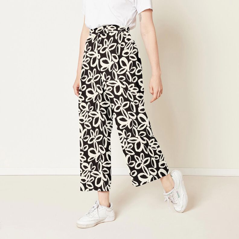 Viscose crêpe geschilderde Hawaiiaanse bloemen – zwart/ivoor,  image number 6