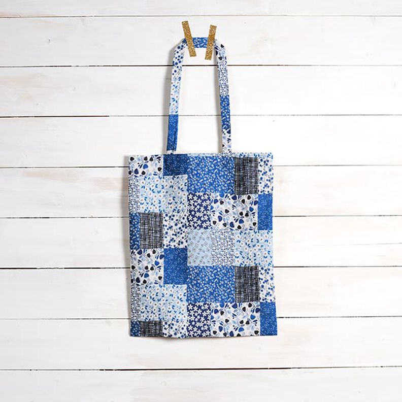 Katoenen stof Cretonne Patchwork-look – wit/blauw,  image number 7