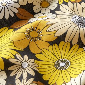 Katoenen stof Cretonne grote retrobloemen – zwart/zonnegeel, 