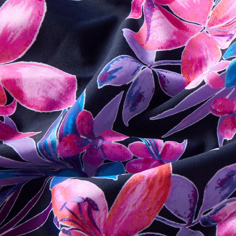 Badpakstof Tropische bloemen – marineblauw/pink,  image number 2