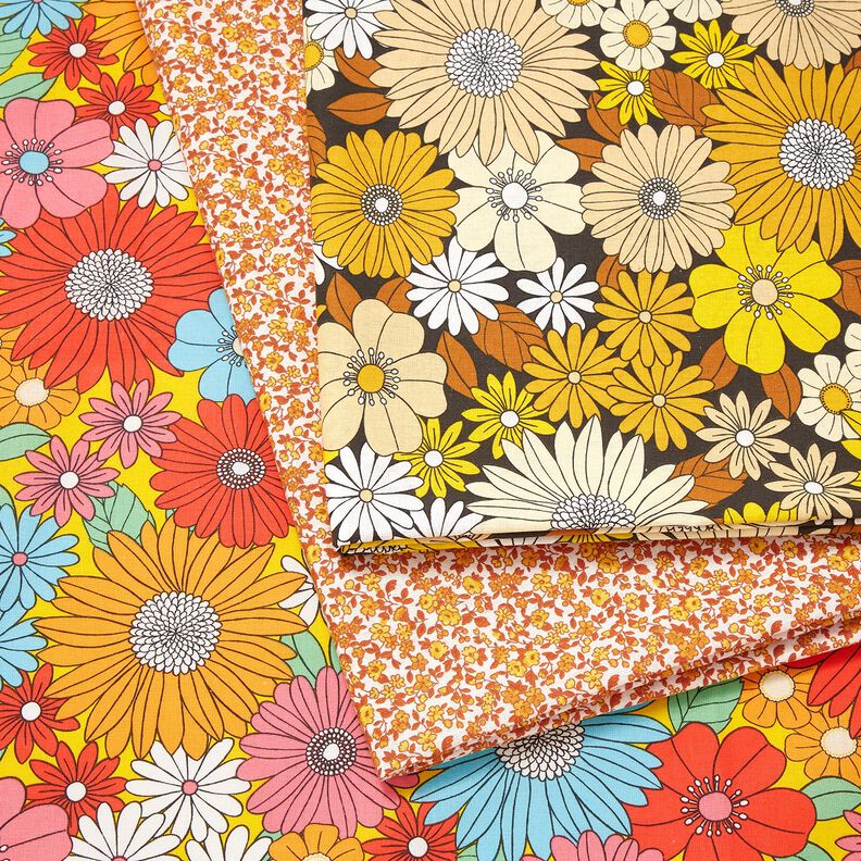 Katoenen stof Cretonne grote retrobloemen – zwart/zonnegeel,  image number 5