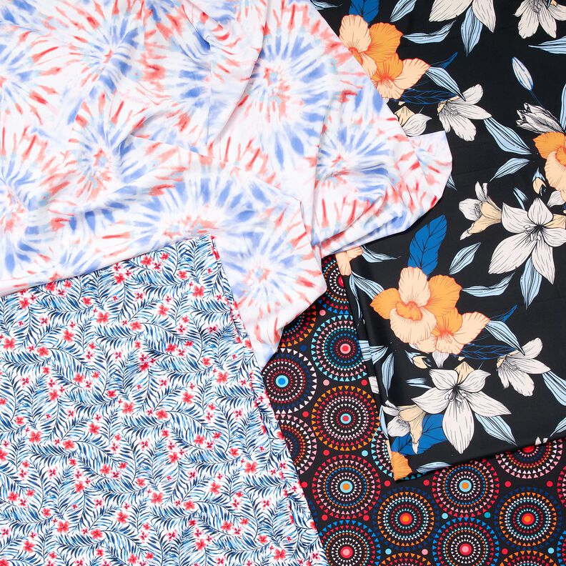 Badpakstof grote hibiscusbloemen – zwart blauw/perzik,  image number 5