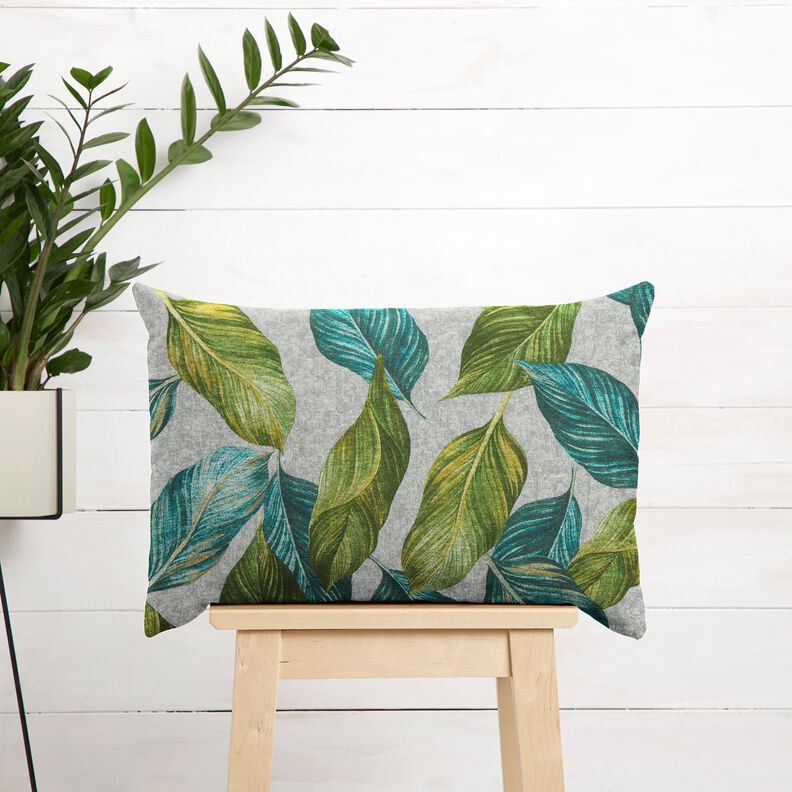 Decostof Canvas Ficusbladeren – blauwe spar/grijs, image number 7