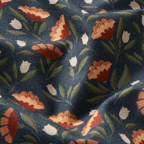 Katoenen stof Popeline delicate bloemen – zwart blauw/terracotta, 
