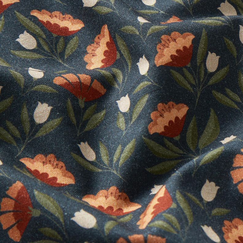 Katoenen stof Popeline delicate bloemen – zwart blauw/terracotta, image number 2