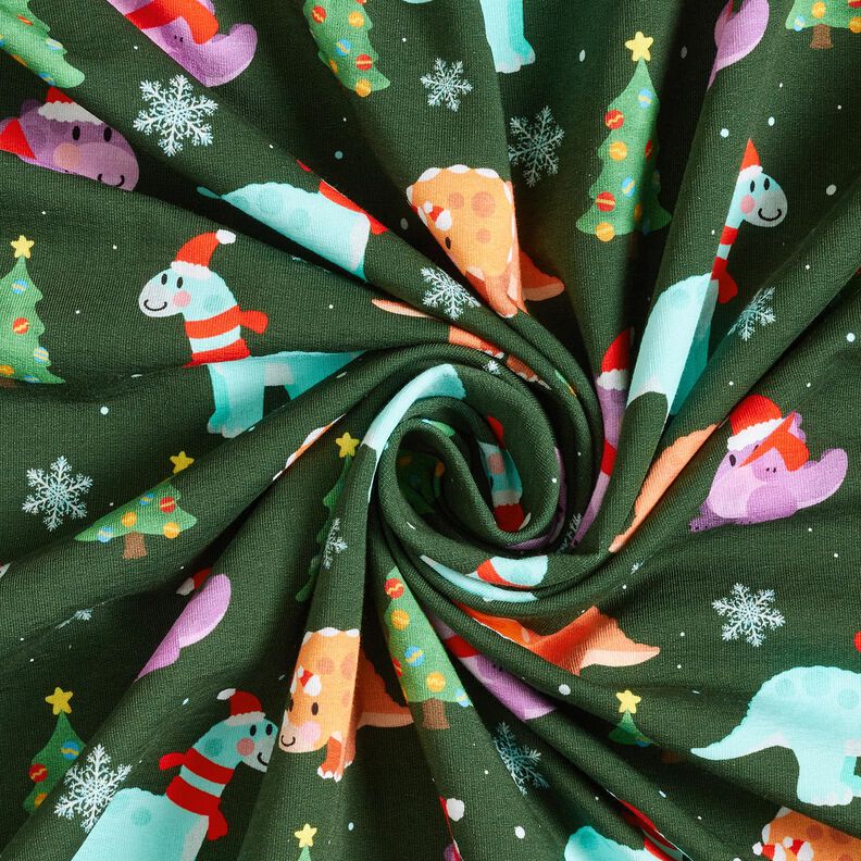 French Terry sommersweat Babydinosaurus in kerstsfeer | Glitzerpüppi – donkergroen/chili, image number 3