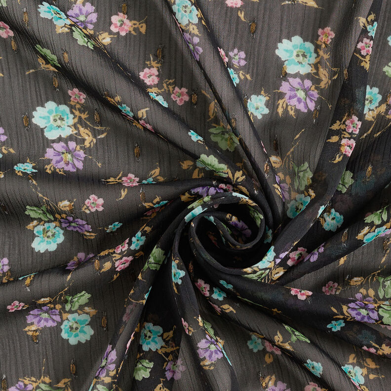 Crêpe chiffon Dobby & bloemen – zwart/lichtblauw,  image number 3