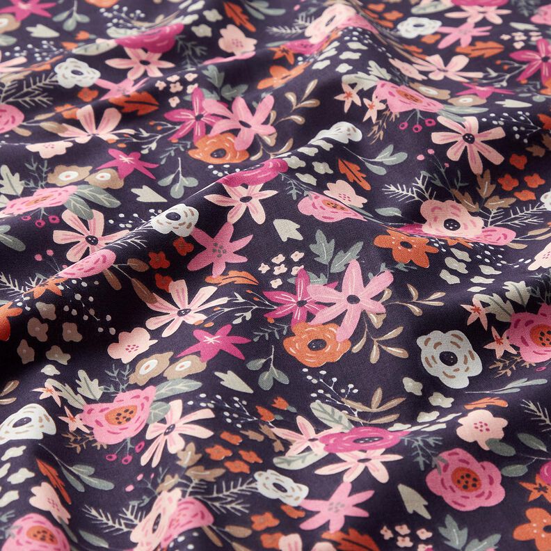 Katoenpopeline bloemenboeketten – zwart blauw/purper,  image number 2