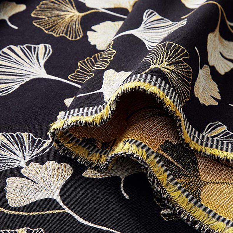 Decostof Jacquard Ginkgobladeren – zwart/goud,  image number 3