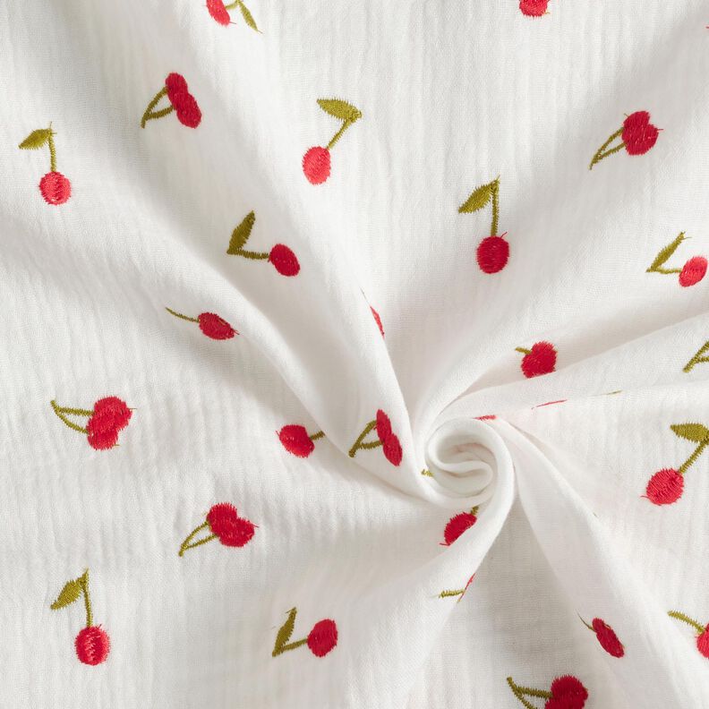 Mousseline/dubbel gehaakte stoffen opgestikte kersen | Poppy Fabrics – wit/vuurrood,  image number 3