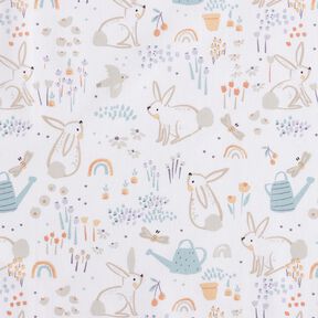 Katoenpopeline konijntjes op de weide – wit/amandel, 