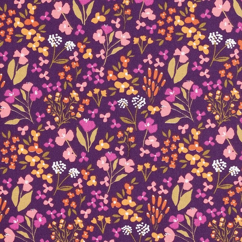 Katoenen stof Cretonne Weidebloemen – aubergine/roze, image number 1