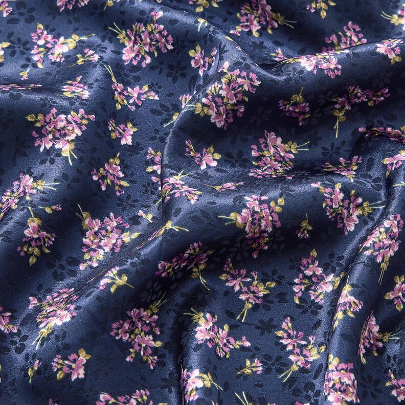 Stretch satijn Jacquard Bloemenboeket – marineblauw, image number 2